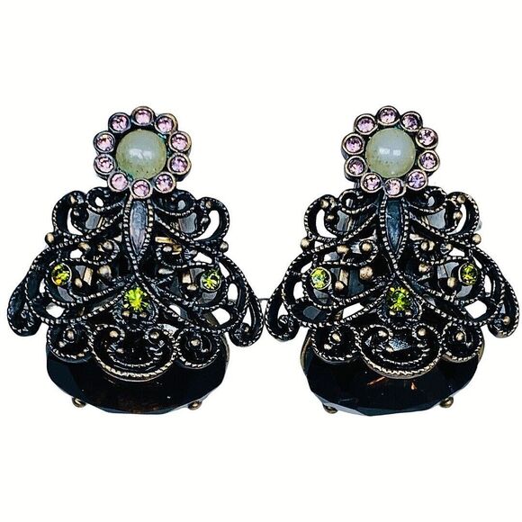 Hobe Crystal Filagree Clip On Earrings 2" Signed Legendary Splendor Jewels - Picture 2 of 15